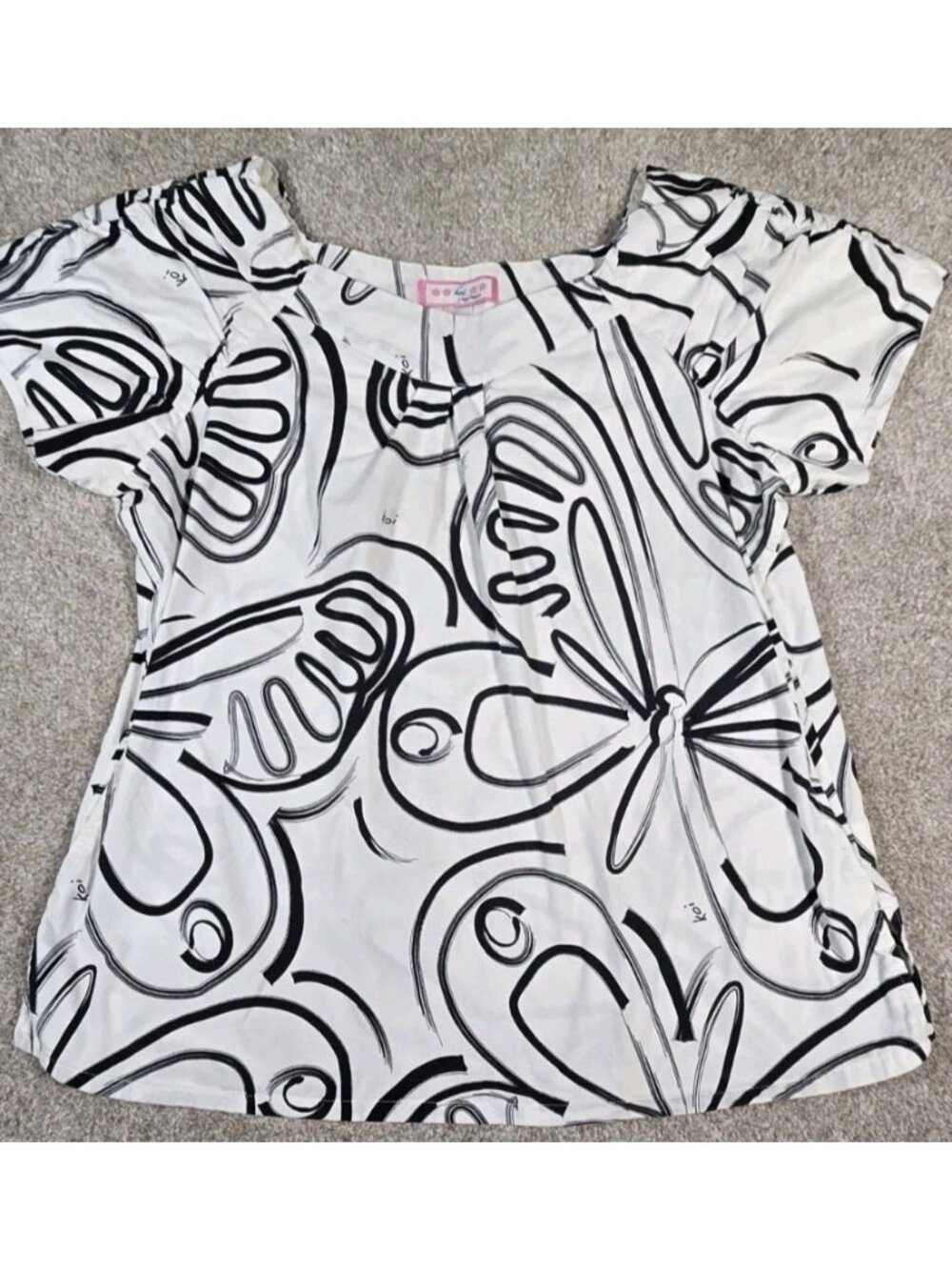 Koi Kathy Peterson Scrub Top Cotton Butterfly Print Blouse Black White Women's L